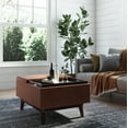 thumbnail image 3 of Owen 34 inch Wide Mid-Century Modern Tray Top Small Coffee Table Storage Ottoman in Distressed Saddle Brown Vegan Leather, 3 of 6