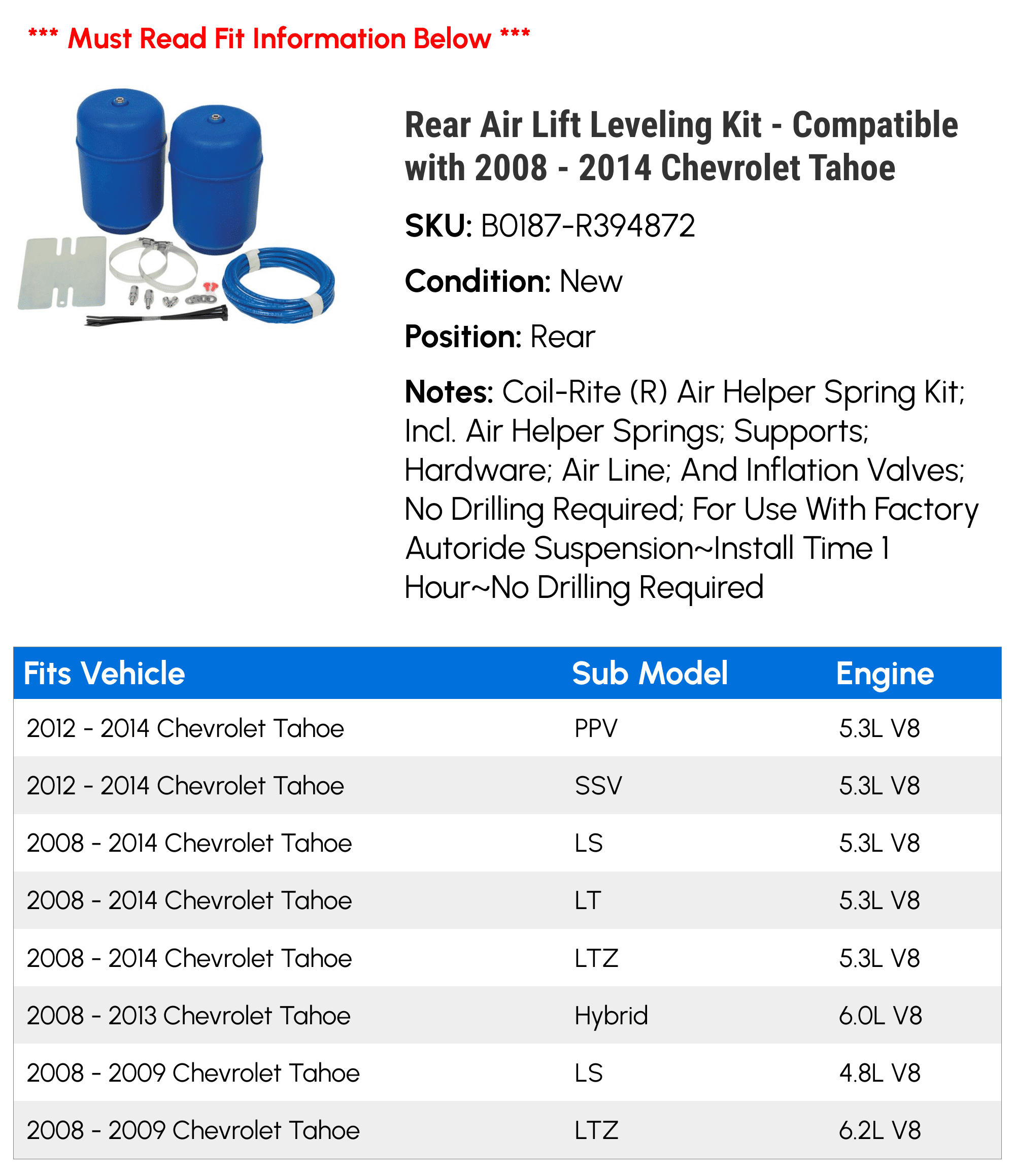 Rear Air Lift Leveling Kit - Compatible with 2008 - 2014 Chevy Tahoe 2009 2010 2011 2012 2013