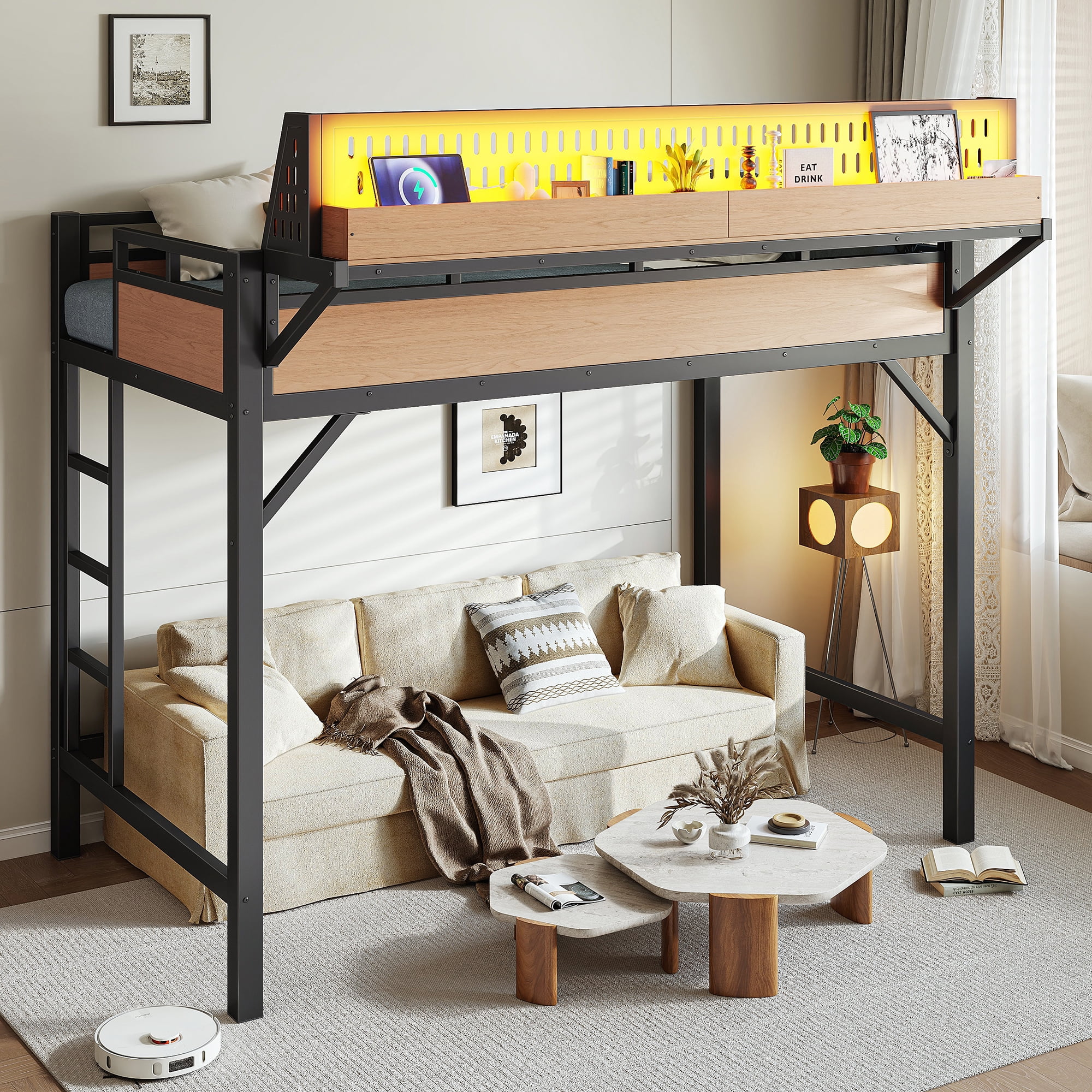 Mintazer Twin XL Size Loft Bed with LED Lights & Charging Station, Metal Loft Bed with Storage Shelves and Pegboard, Black & Natural
