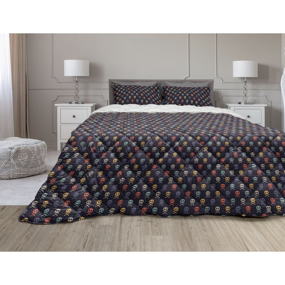Pixel Art Comforter & Sham Bedding Set, Skull with Bones Pirate Inspired Colorful Motifs on a Dark Toned Backdrop, 3 pcs Duvet Set Microfiber Filling Quilt, 5 Sizes, Multicolor, by Ambesonne