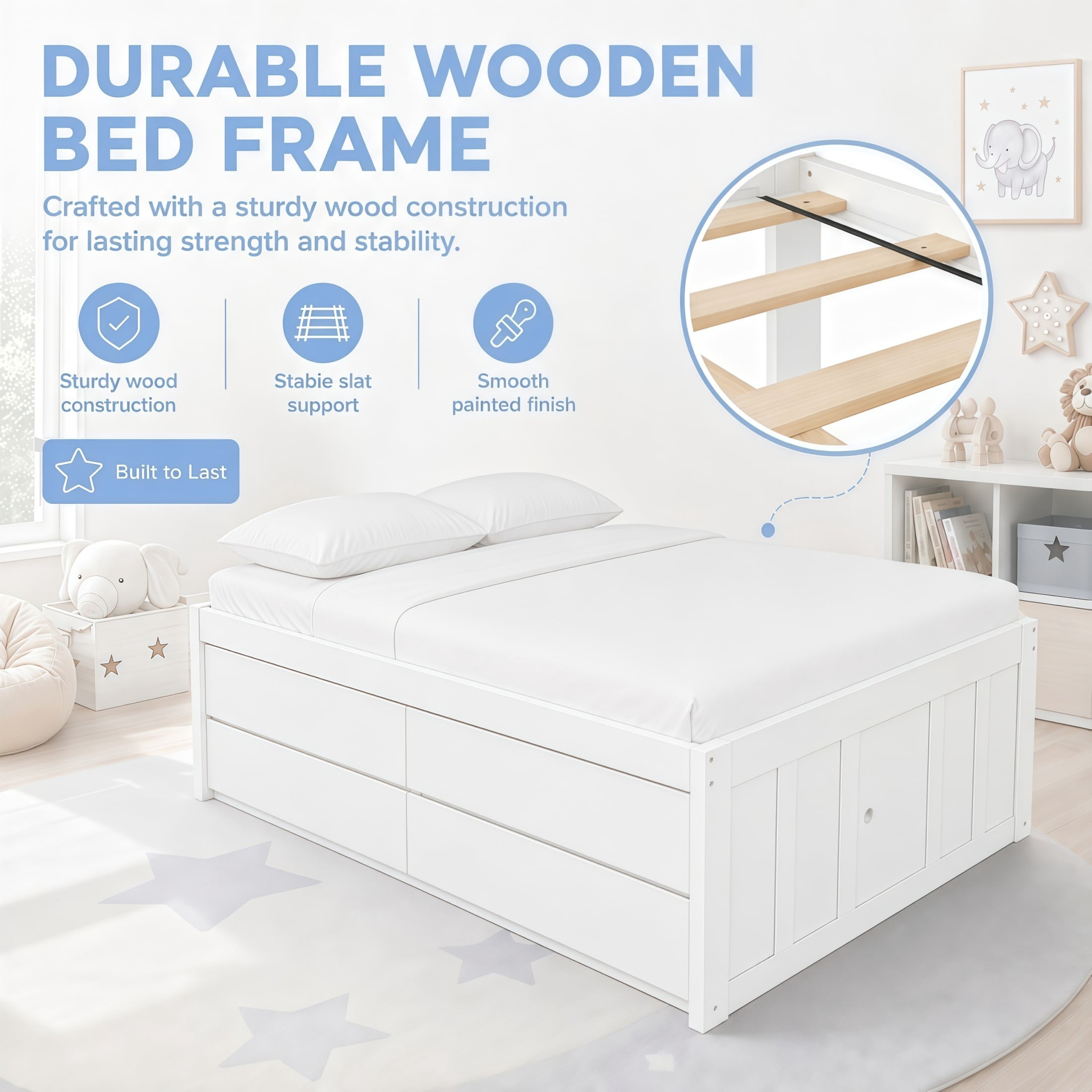 GDF Studio Tyler Full Size Captain Bed with Storage Drawers & Side Door, Modern Space-Saving Bed for Kids, White