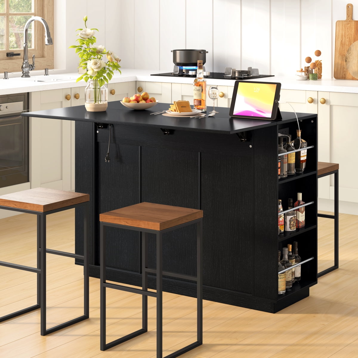 47.2 Kitchen Island with Drop Leaf Power Outlet Wine Bar Cabinet Coffee Bar Buffet Sideboard Black