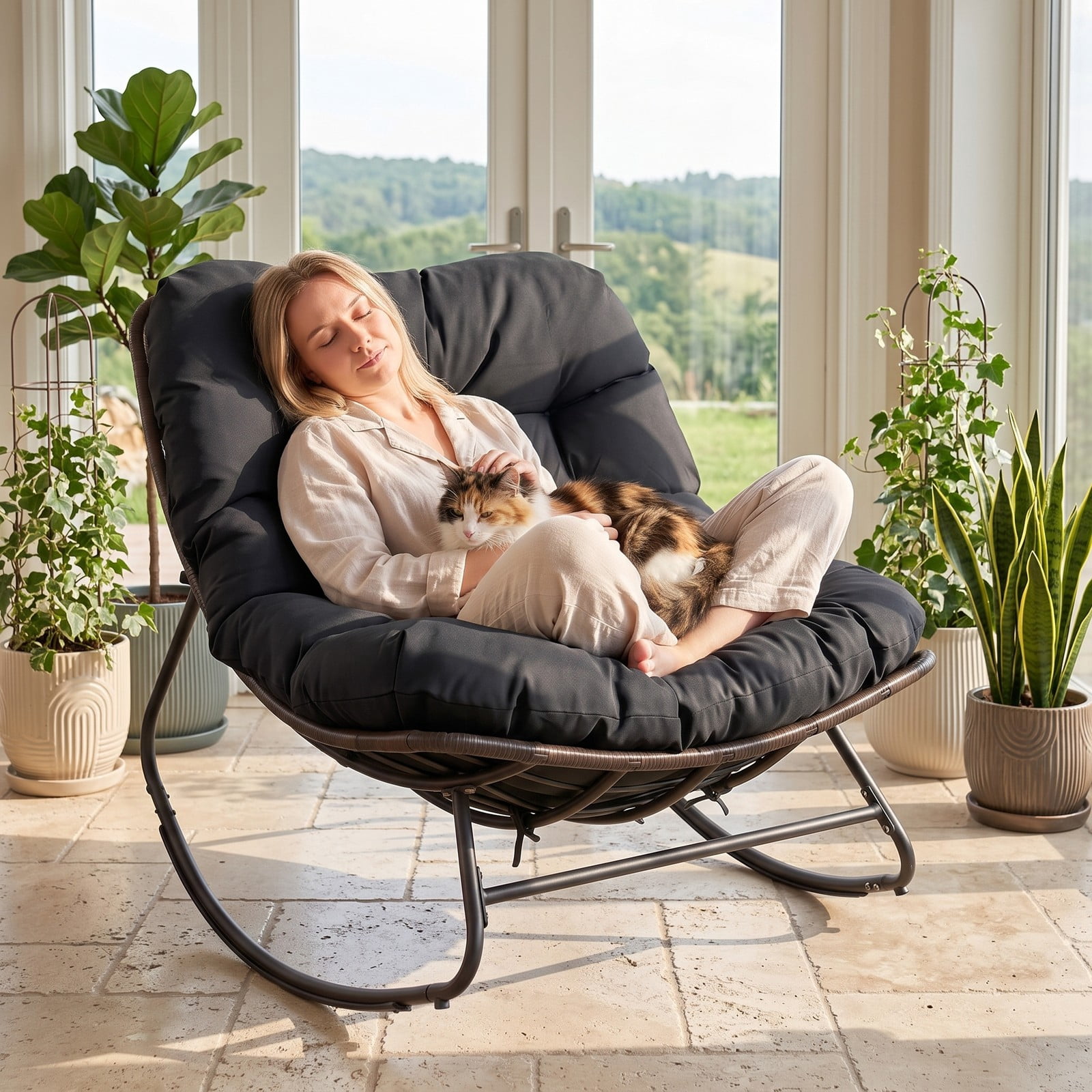 Furnibear Outdoor Papasan Rocking Chair, Egg-Shaped PE Rattan Wicker Glider Rocker with Thick Removable Cushion and Non-Slip Pads for Patio Porch Backyard, 400, Black