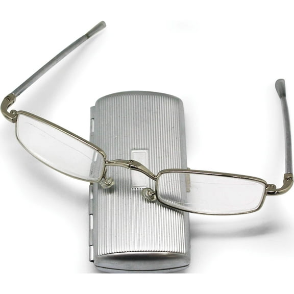 Fashion Silver-Tone 2.00 Magnification Folding Glasses In Metal Case (6 X 6) Made China gm12433
