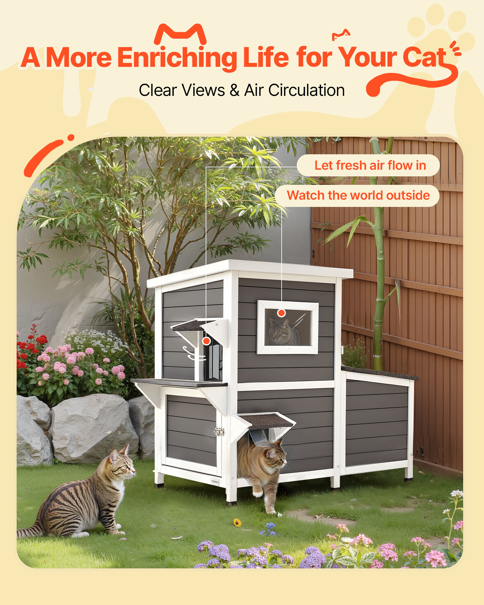 VEVOR Outdoor Cat House,2-Story Wooden Cat Shelter for 3 Outside Cats in Winter,Elevated Feral Kitty Shelter with Stairs, Clear Window & Flap Doors,Waterproof Cats Condos for Garden 42 × 25 × 34 in