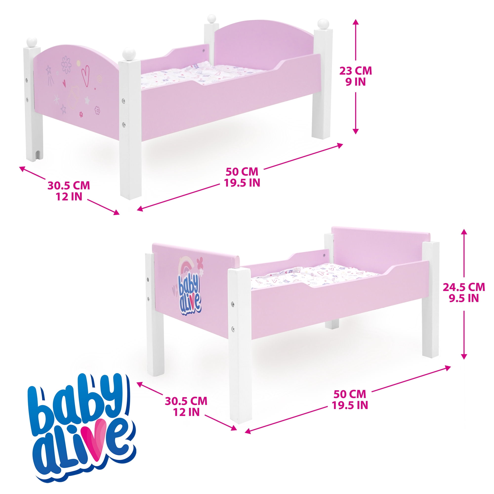 509 Crew: Baby Alive - Wooden Doll Bunk Bed - Pink-White-Purple, Convertible to Single Beds, Blankets & Pillows, Doll Sleep Accessory Toy, Kids 3+