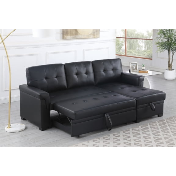 Miekor Furniture Lucca 84"W Black Vegan Leather Modern Reversible Sleeper Sectional Sofa with Storage Chaise No3735