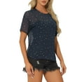thumbnail image 4 of INSPIRE CHIC Women's Party Sheer Short Sleeve Gilding Shiny Metallic Stars Top S Dark Blue, 4 of 5
