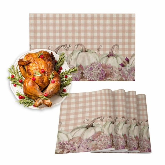 Fall Placemats Set of 6 Hydrangea Pumpkin Place Mats Thanksgiving Placemat Buffalo Plaid Table Mats for Dining Kitchen Table Holiday Dinner Party Home Fall Decorations 13x19 Inch