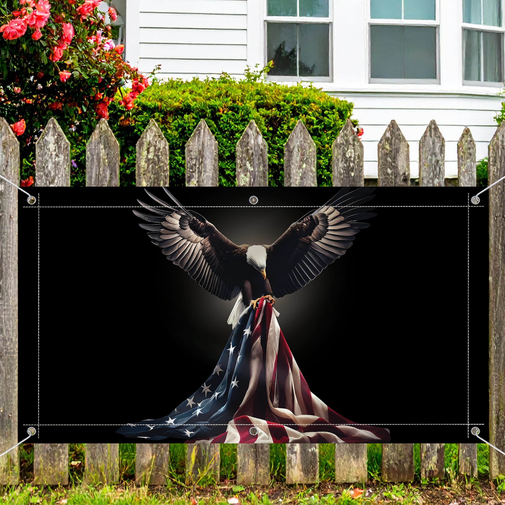 Lotusprinthandmade USA Flag Eagle 100% Polyester Rectangle Fence Flag (96x48 inches), Patriotic Symbol Fence Flag