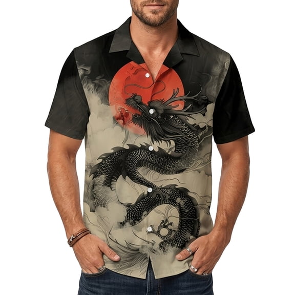 CONZONE Men's Buttons Down Shirts Short Sleeve Shirts for Men Trendy Oriental Dragon Embroidery Lapel Soft Lightweight Summer Tops