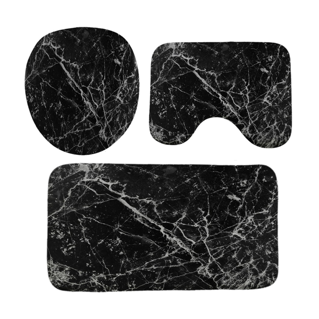 3 Pcs Set Bathroom Rugs Toilet Mats Black Gray Marbling Pattern Soft Absorbent Non-Slip Backing Mat Memory Foam Rug