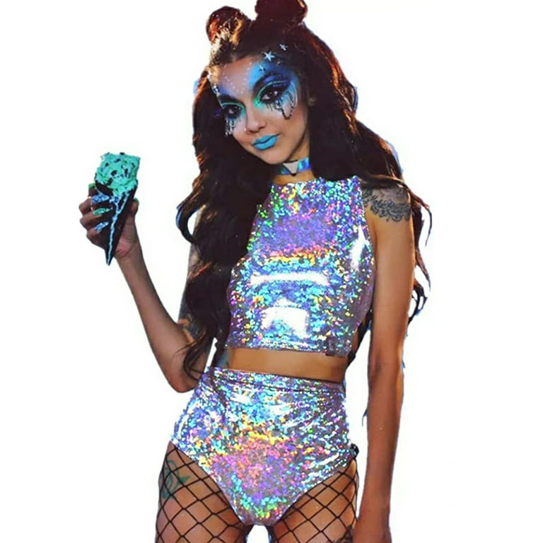 Women 2pcs Rave Outfit Holographic Hologram Metallic, 53% OFF