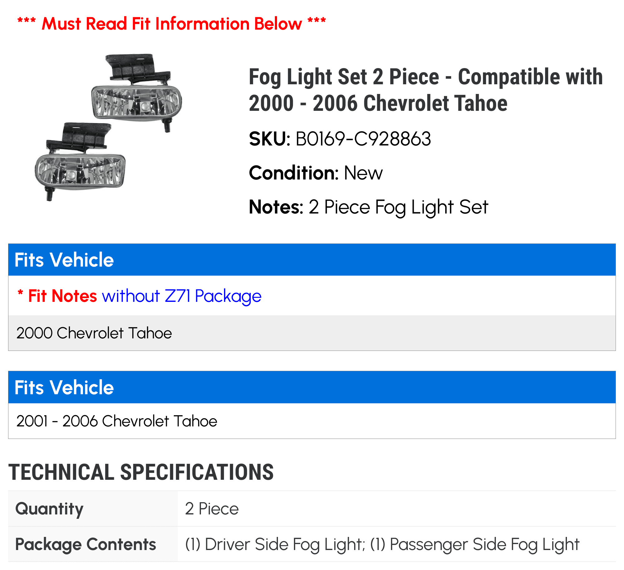 Fog Light Set 2 Piece - Compatible with 2000 - 2006 Chevy Tahoe 2001 2002 2003 2004 2005