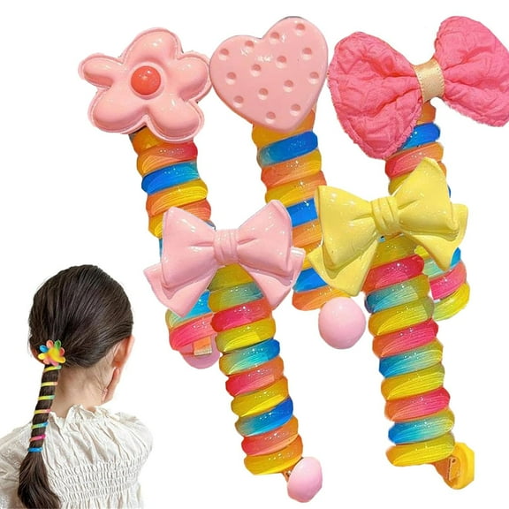 Colorful Telephone Wire Hair Bands, Spiral Hair Ties Phone Cord, Bowknot Braided Telephone Wire Hair Bands, Phone Cord Straight Spiral Hair Tie, Ponytail Holder Accessories (5pcs-04)
