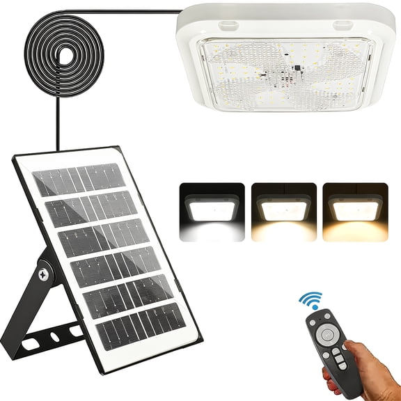 Solar Ceiling Light, 5000LM Cool White/Warm White Solar Lights Indoor Outdoor, Brighter Solar Shed Lights with Remote Control, Solar Pendant Light for Barn, Porch, Patio, Gazebo