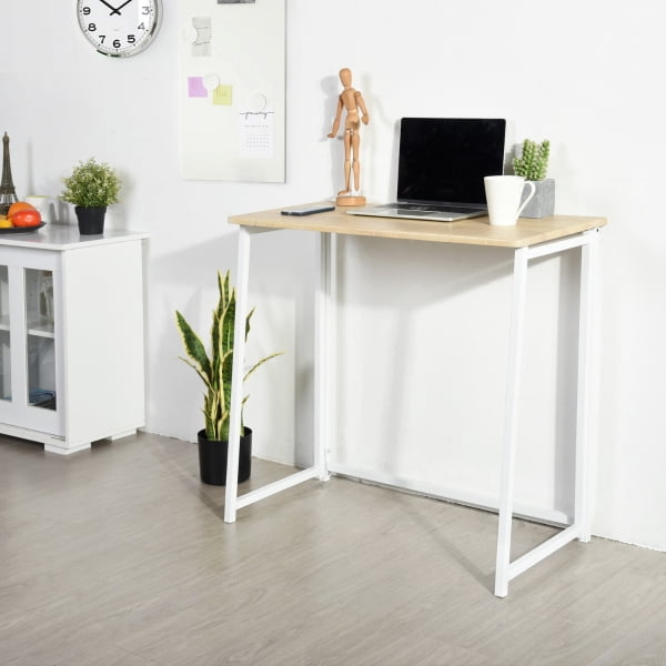 31.5 Inch Folding Laptop Desk, Light Oak Compact Writing Workstation with Removable Top Shelf, Space-Saving Foldable Study Table for Small Spaces Home Dorm
