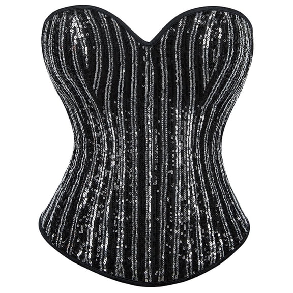 Women's Black Silver Striped Sequin Strapless Corset Sweetheart Bust Shaping Waist Trainer for Nightclub Evening Party