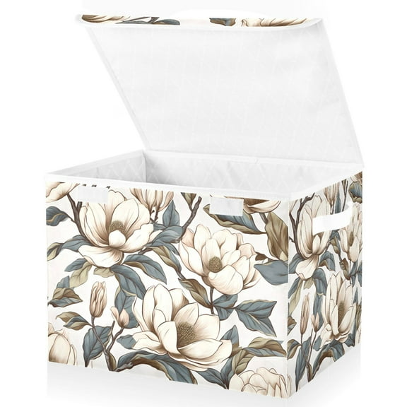 Retro Flowers Large Lidded Bin Foldable Storage Baskets Boxes Cubes Lids with 2 Handles for Home Bedroom Office 16.5x12.6x11.8inch