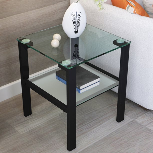 Gewnee Glass End Table,2Tier Side Table Nightstand Corner Table in