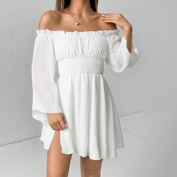 Womens Casual Dress Lantern Sleeve Square Neck Tiered Ruffle Hem A-Line Off Shoulder Dress Color White Size XL