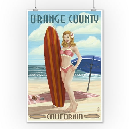 Orange County Girl Orange County, California - Pinup Surfer Girl - Lantern Press Poster (9x12 Art Print, Wall Decor Travel Poster) ()