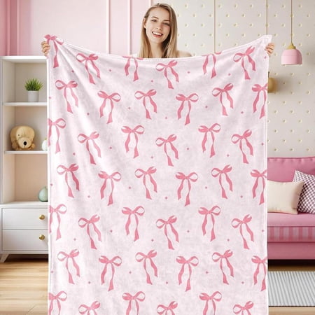 HELLOYOUNG Bow Pattern Flannel Throw Blanket Soft Comfortable Lightweight Air Conditioning Blanket for Couch Bed Travel, Warm Cozy Microfiber All-Season