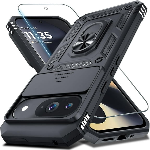 MYKOMI Phone Case Compatible with Google Pixel 9 Pro XL Built in Slide Camera Lens Cover Screen Protector Finger Ring Holder Kickstand,Heavy Duty Shockproof Full Body Protective Phone Cover