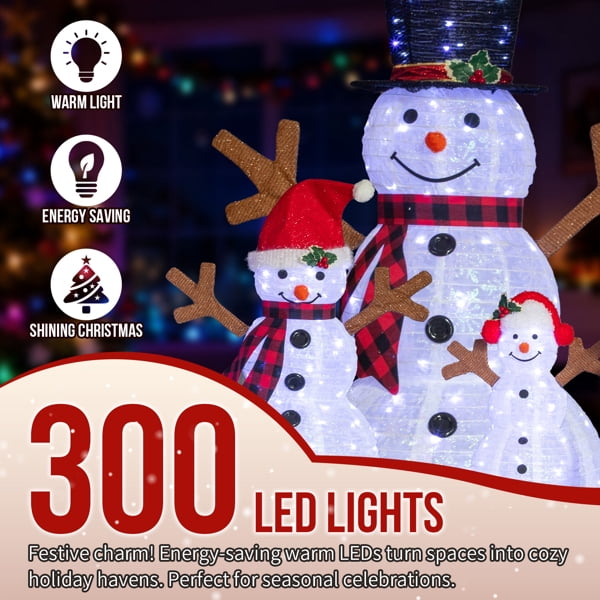 3-Pack Lighted Snowman Family Christmas Decorations, 270 White LEDs, Weather-Resistant Metal Frame, for Indoor, Outdoor Use
