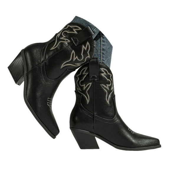 IUJSOY Cowboy Boots for Women Thicken Western Embroidery Pointy Toe Cowgirl Boots Mid Calf Boots