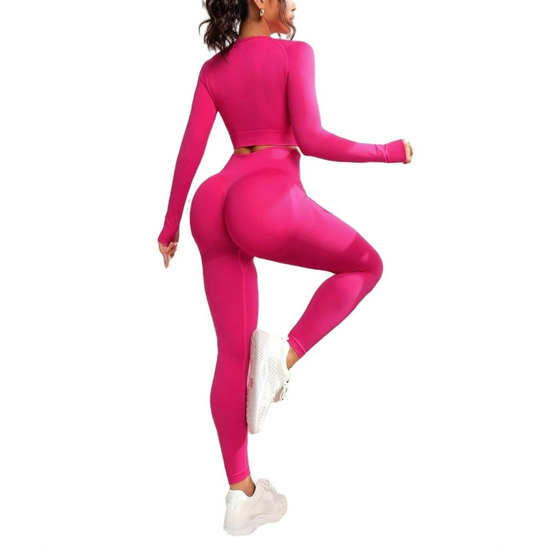 Women's Plain Round Neck Hot Pink Long Sleeve Sports Sets XS (2) 
