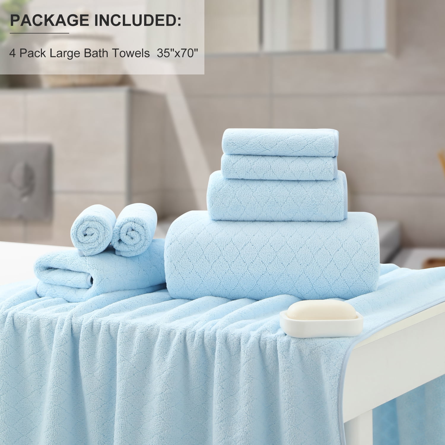Green Essen 4 Pack Bath Towels Extra Large 35"x 70"Highly Absorbent Quick Dry Large Bath Towels Oversized Microfiber Bath Sheets Soft Bulk Towels for Bathroom Kitchen Spa Hotel Gym Pet(Blue)