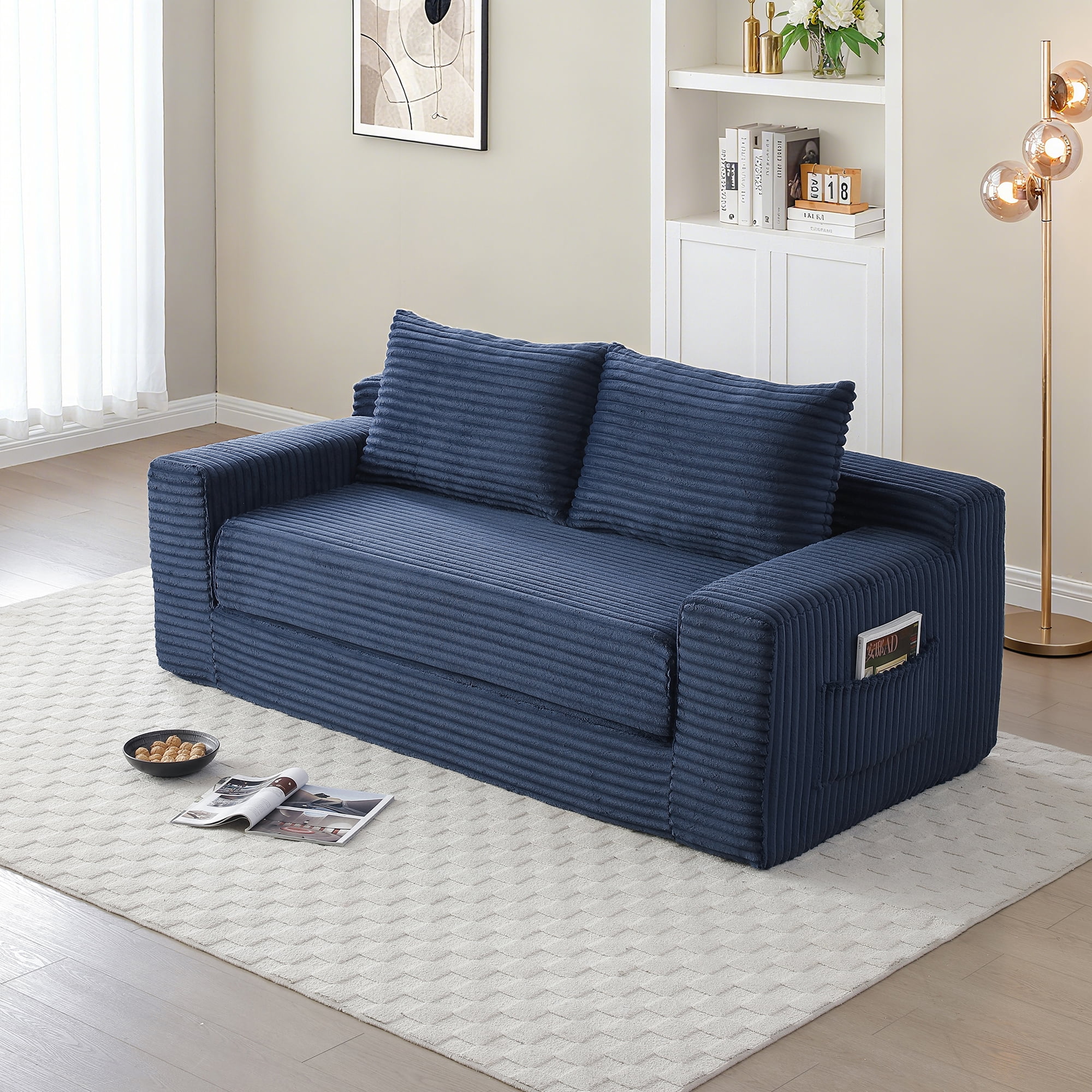 Leumius Convertible Sofa Bed, 3 Seater Boneless Couch,Convertible Folding Floor Mattress Couch with Pull Out Bed,Corduroy Floor Sofa for Living Room Bedroom Lounge,No Assembly Required,Blue