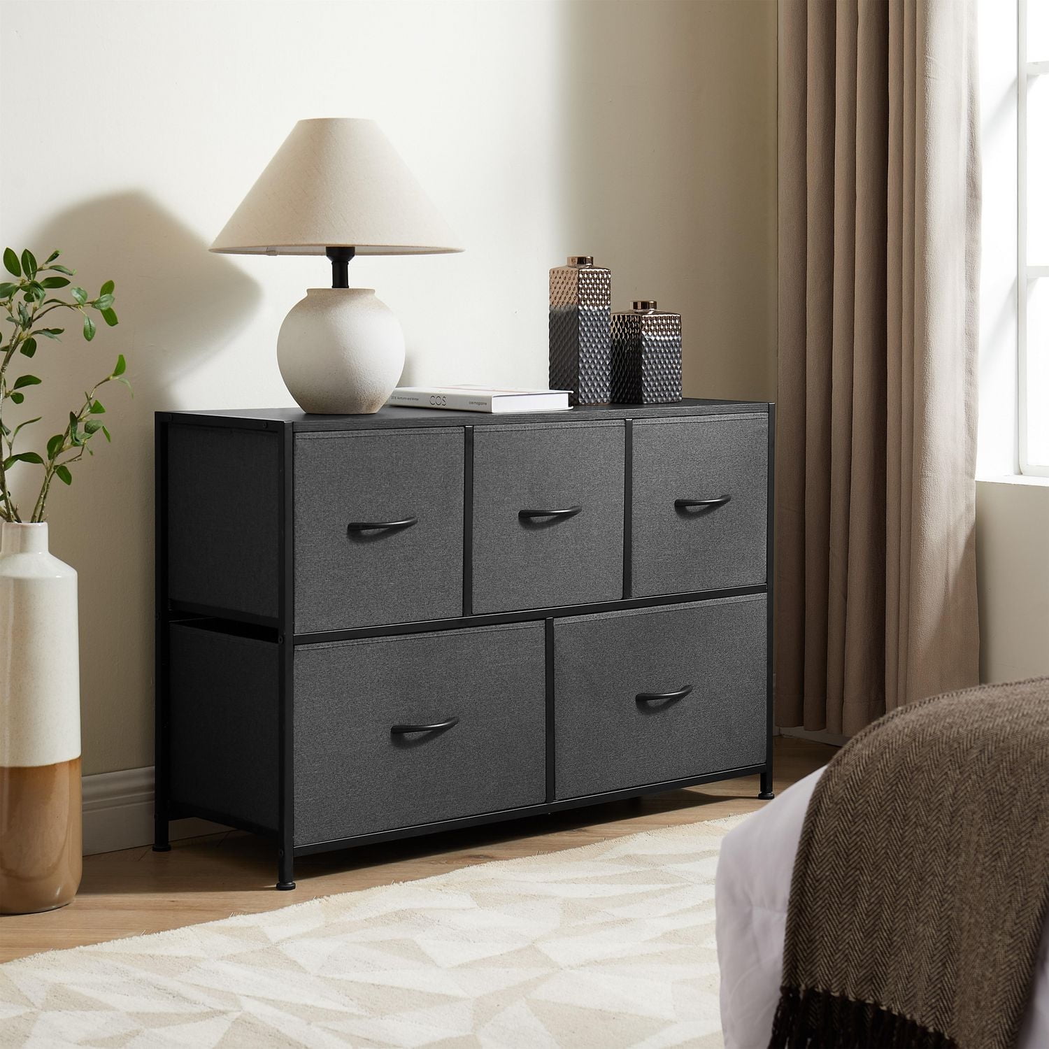 Mainstays 5 Drawer Horizontal Fabric Dresser, Grey