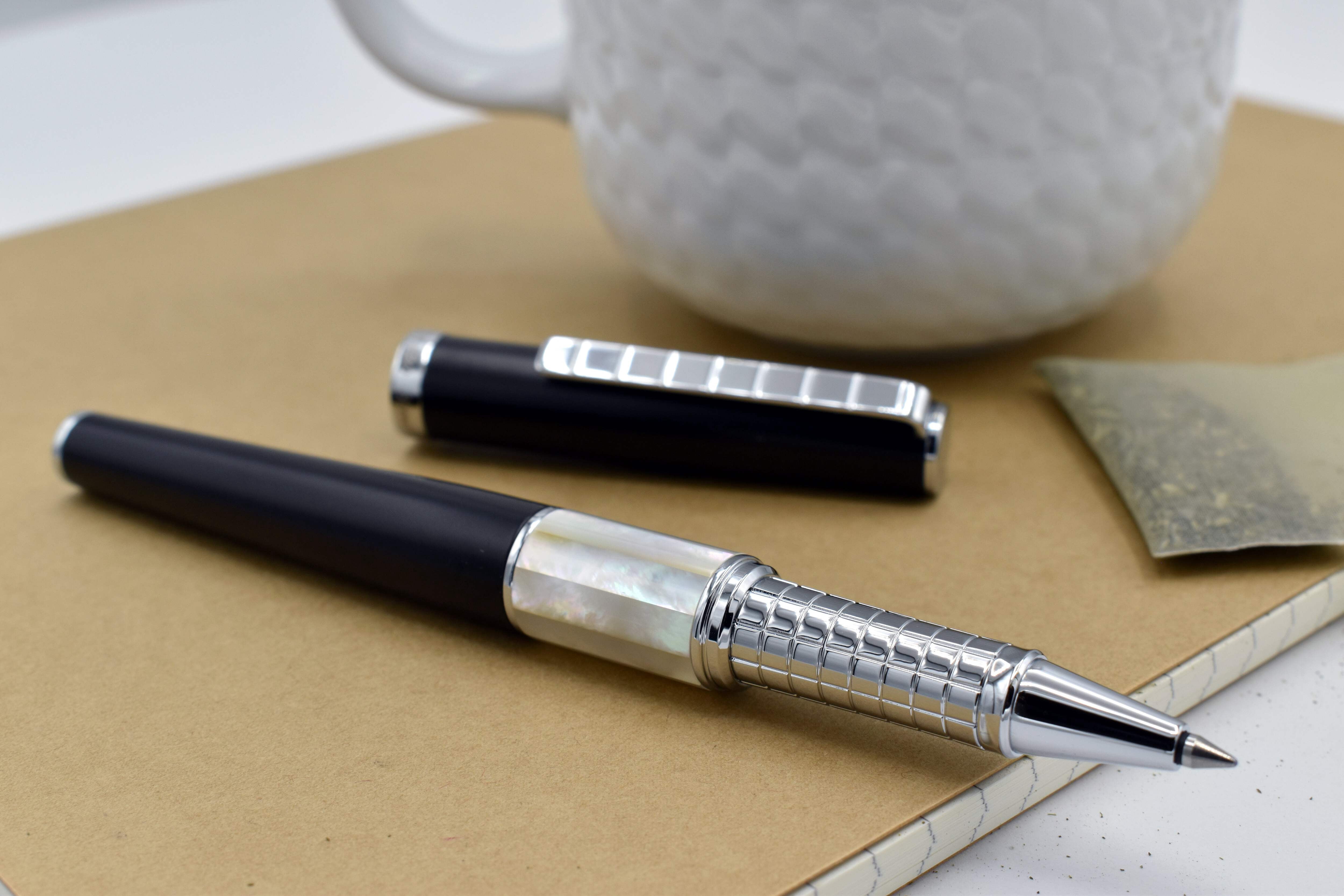 Xezo Speedmaster® Black Brass Rollerball Pen - With White Mother of Pearl