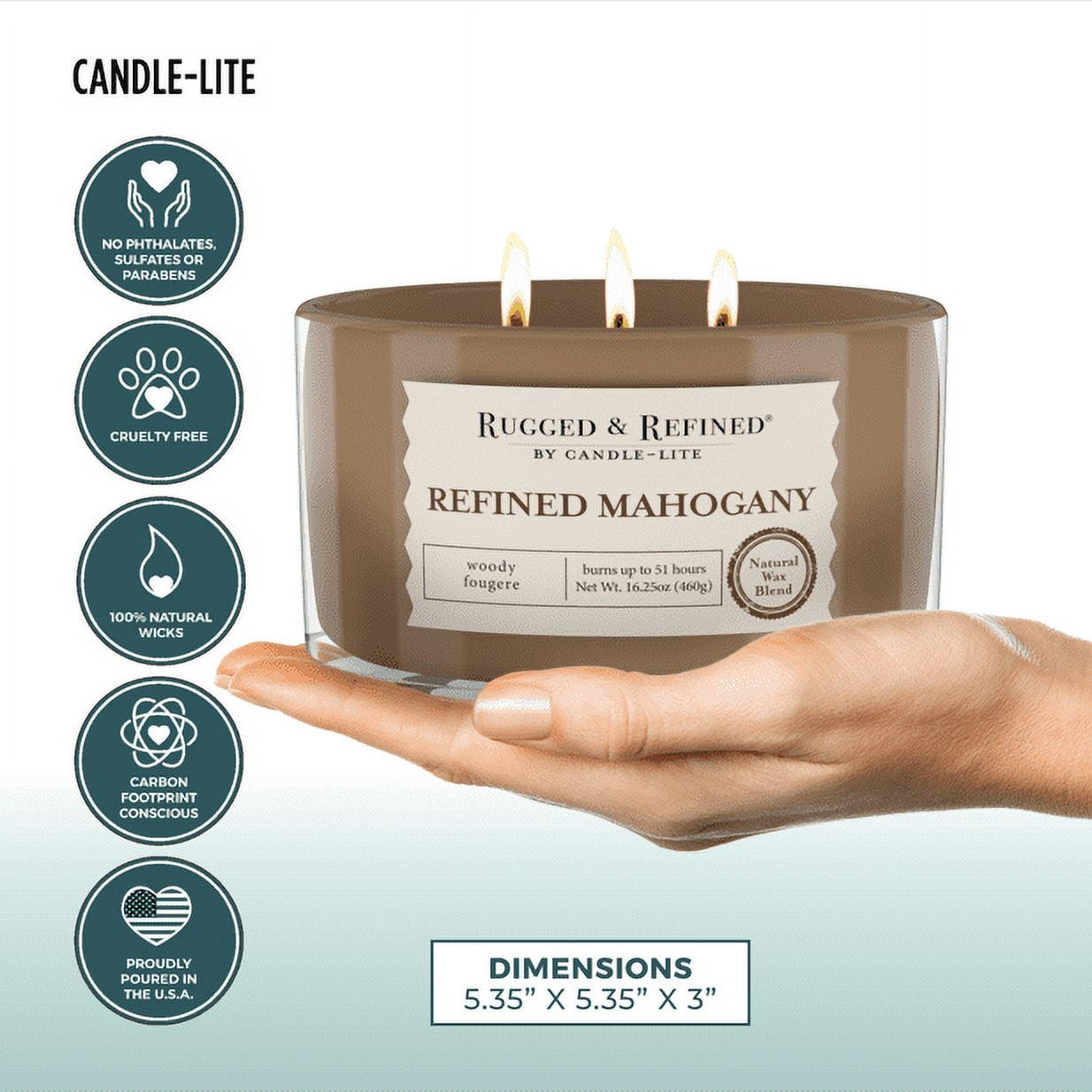 Candle-Lite Scented Candles for Men, Refined Mahogany Fragrance, 16.25 oz Jar, 3-Wick, 51 Hour Burn Time, Masculine Aromatherapy  - Long Lasting Scent