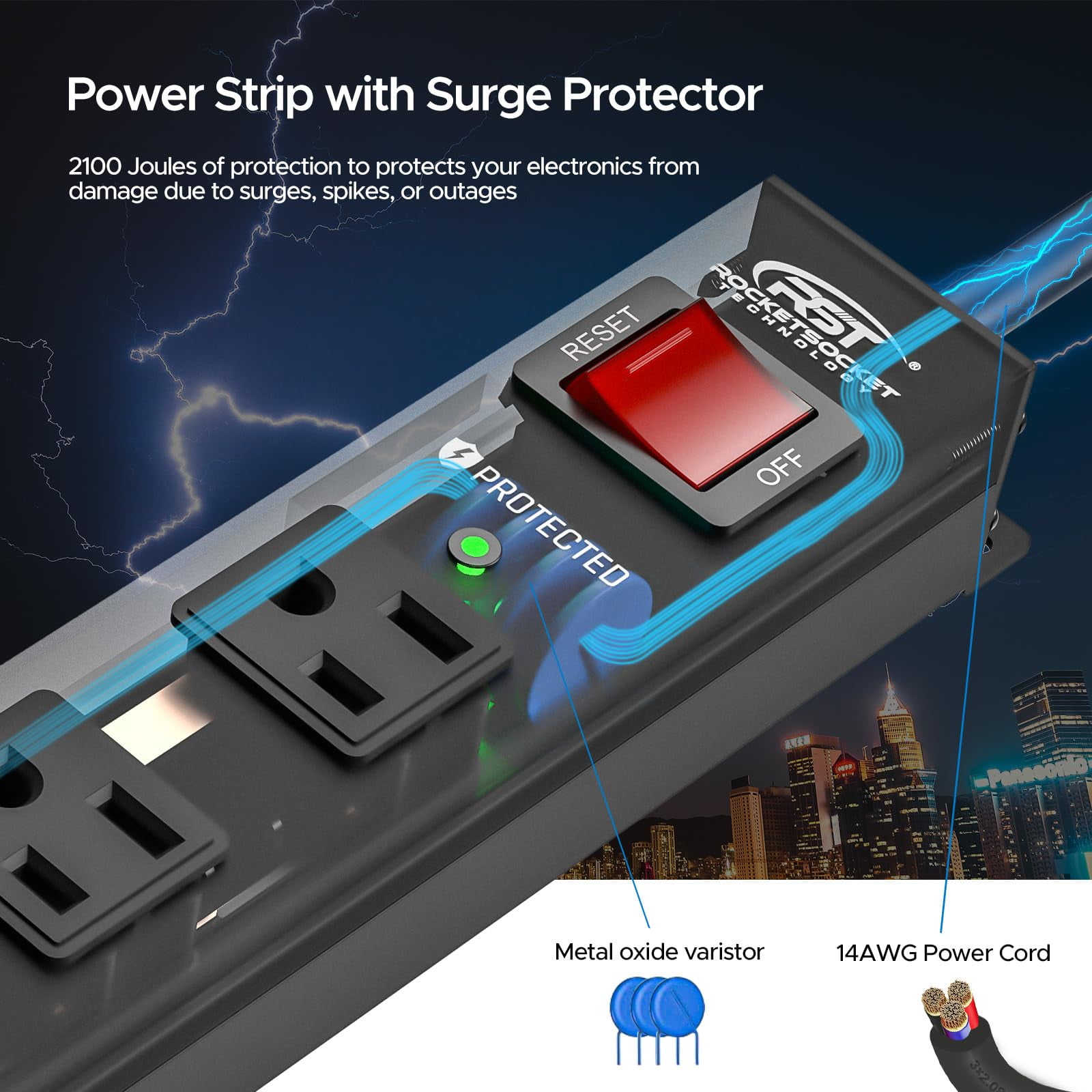 CRST 12-Outlet Slim Wall Mount Long Power Strip Surge Protector with Flat Plug Heavy Duty Mountable Power Bar 6ft 14AWG Extension Cord for Industrial, Garage, Shop and Home