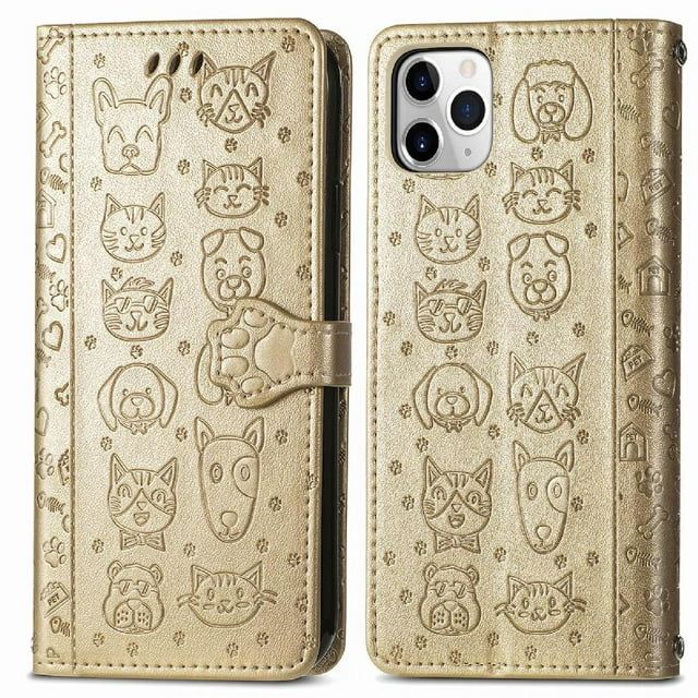 Funda Cartera FOXDOCK para iPhone 11 Pro , Flip PU con Relieve de Gatos y Perros, Tarjetero y Soporte