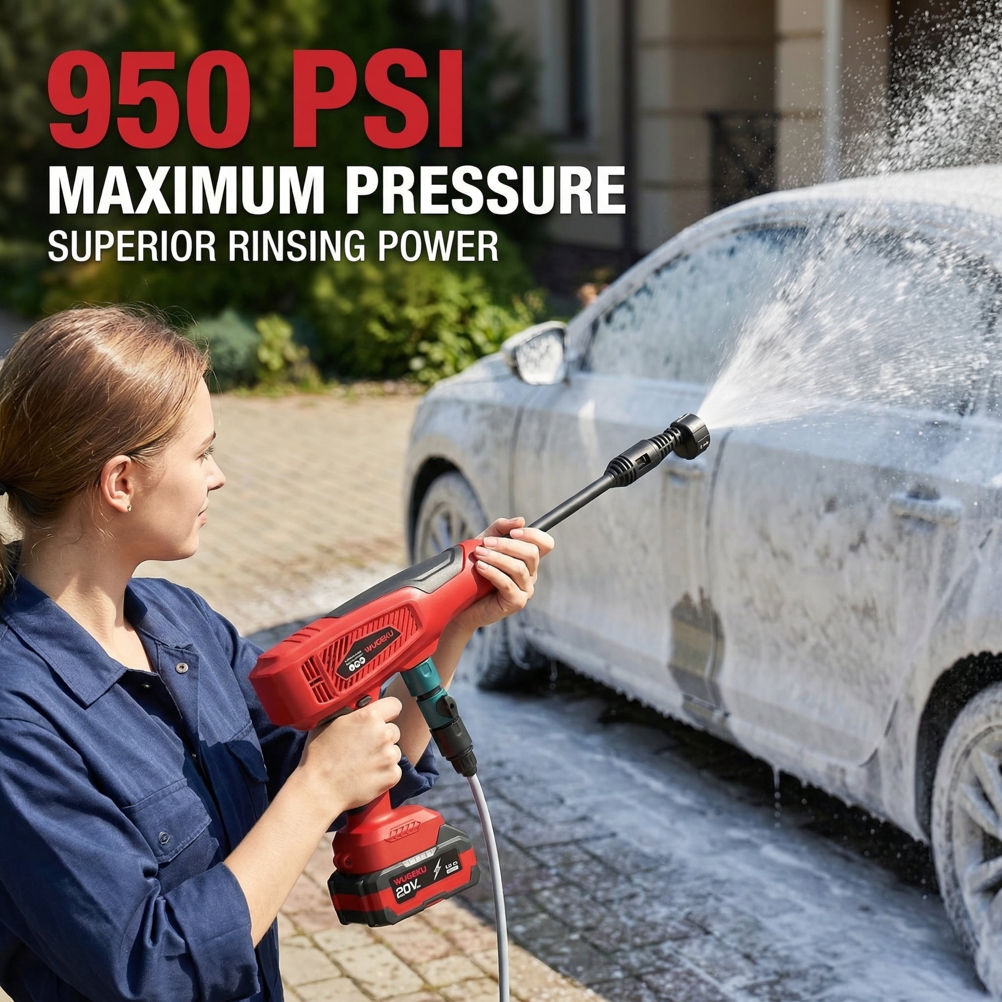 Wugeku Cordless Pressure Washer with Brushless Motor, Portable Power Cleaner Includes 2 20V 4.0Ah Batteries, 6-in-1 Nozzle for Car, and Patio Cleaning
