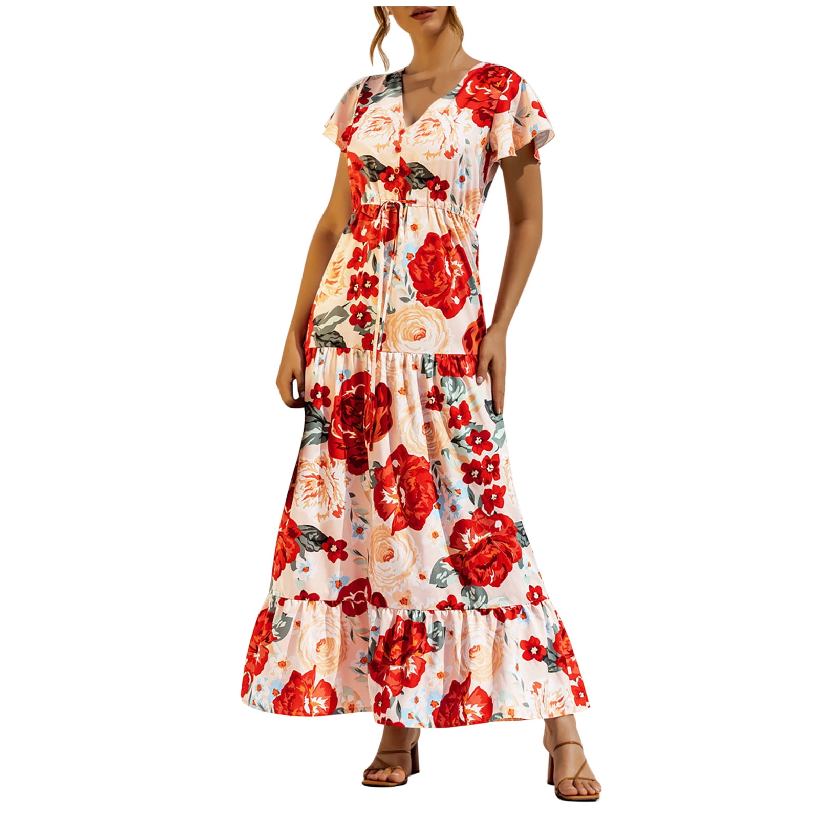 Women's Short Sleeved V Neck Floral Lace Up Button Dress Long Dress Plus Size Dress Summer