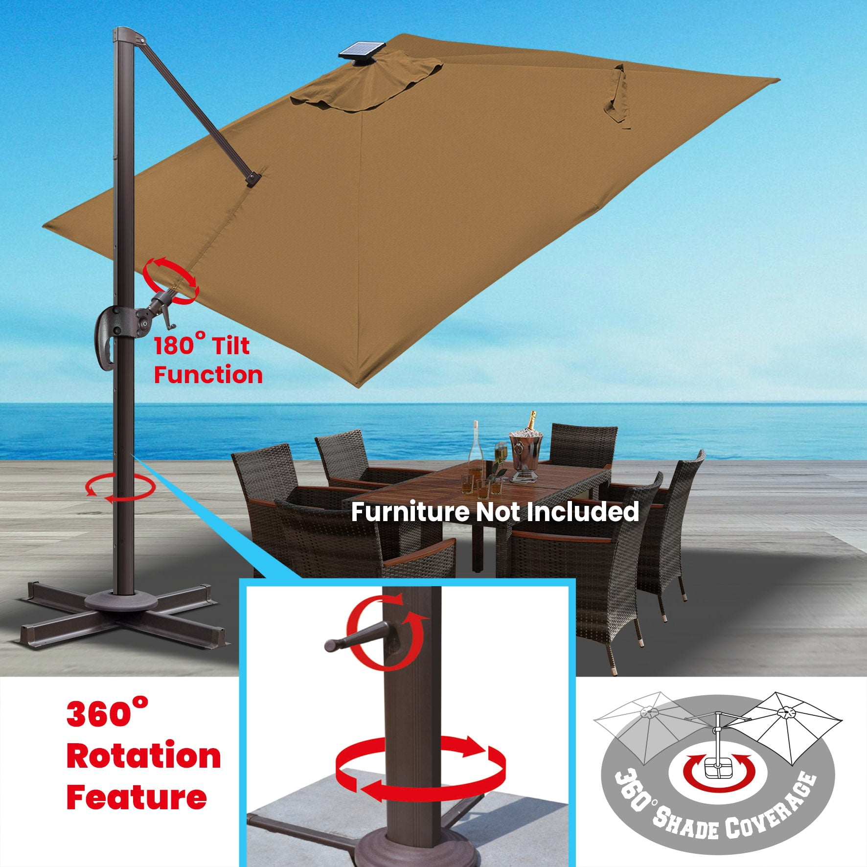 SUNRISEUMBRELLA Square 10'x10' Deluxe Roma square cantilever umbrella, With LED light(Cocoa)