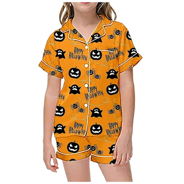 WEAIXIMIUNG Children's Leisure Printed Button Collar Short Sleeved Top Shorts Pajama Set 8-9 Years