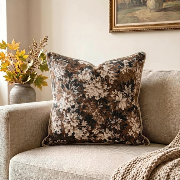 Fancy Homi Set of 1 Vintage Brown Bold Floral Chenille Decorative Throw Pillow Cover 18x18 Inch, Soft Square Cushion Case Boho Rustic Farmhouse Accent for Couch Sofa Bed Living Room Bedroom