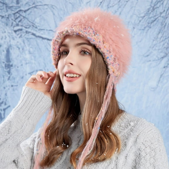 purcolt Women's Crochet Knitted Furry Hats Winter Hats with Ear Flaps Soft Warm Fuzzy Plush Outdoor Cold Proof Ski Snow Skull Cap Headwear