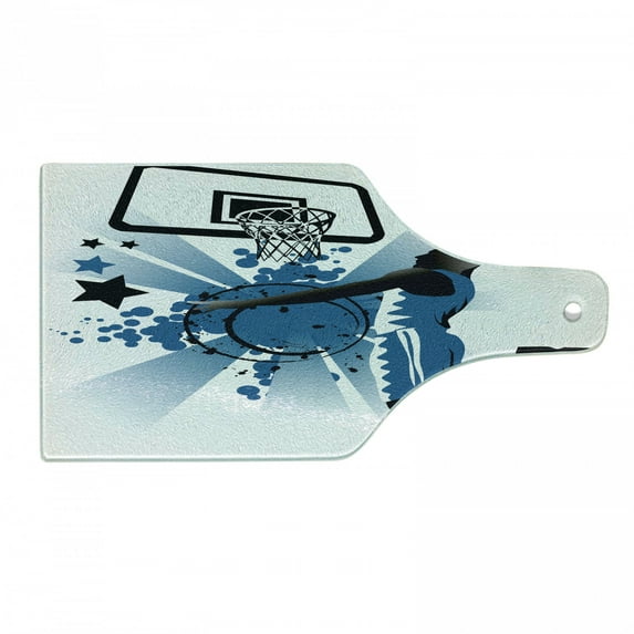 Teen Room Cutting Board, Silhouette of Basketball Player Jumping Success Stars Illustration, Tempered Glass Cutting and Serving Board, Wine Bottle Shape, Black and Violet Blue, by Ambesonne
