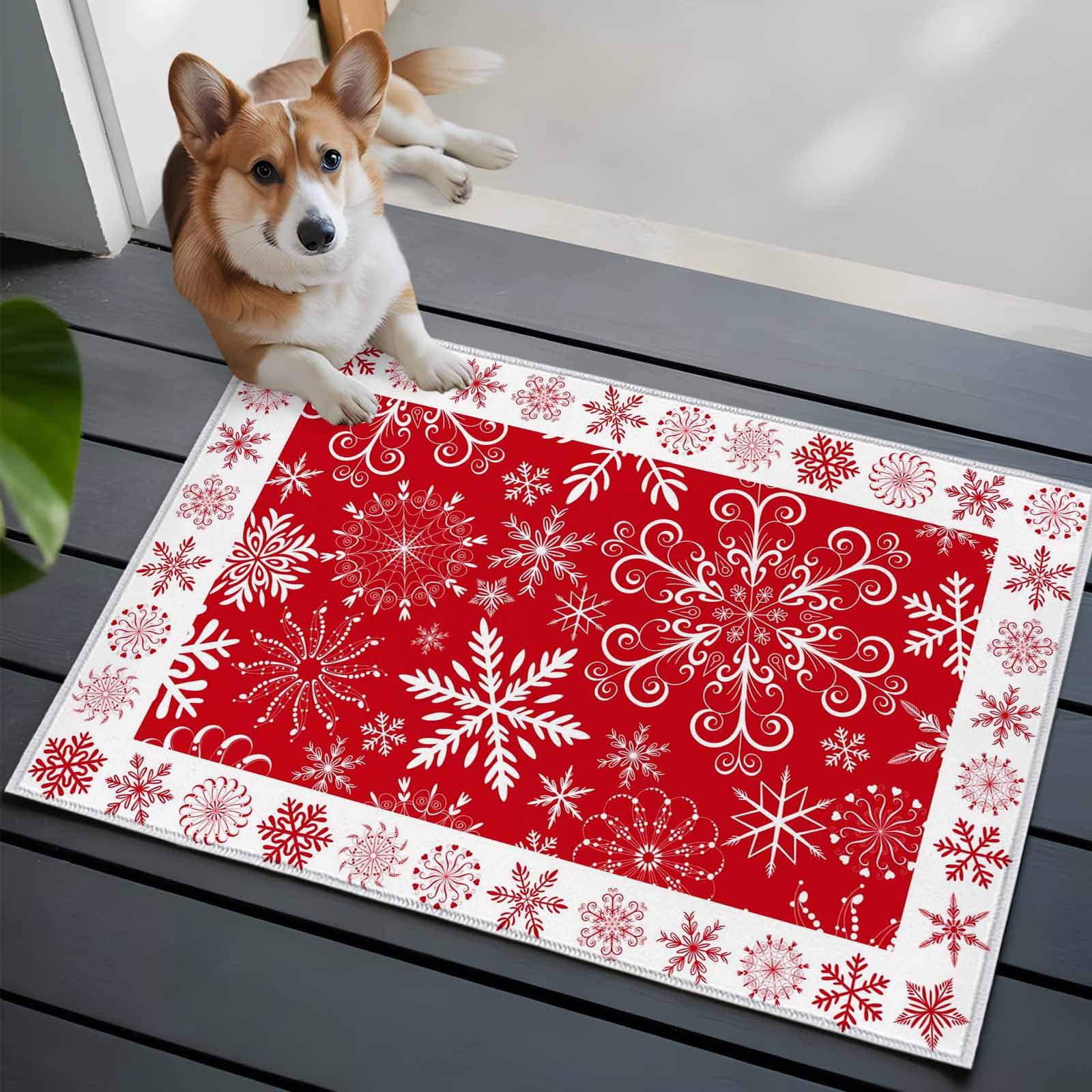 Christmas Snowflakes Bathroom Rug Washable 2x3 Entryway Rug Non Slip Red Xmas Winter Vintage Front Door Mat Low Pile Indoor Doormat Throw Floor Carpet for Kitchen Bedroom Entrance
