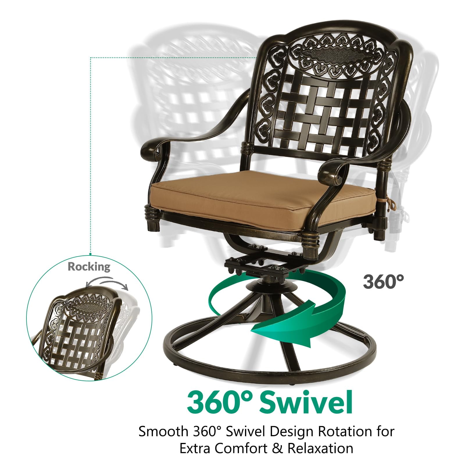 VIVIJASON 9-Piece Outdoor Furniture Dining Set, Rust-Free Cast Aluminum Patio Conversation Set, Include 8 Swivel Dining Chairs & 61" Round Dining Table with 31" Lazy Susan, Umbrella Hole, Khaki