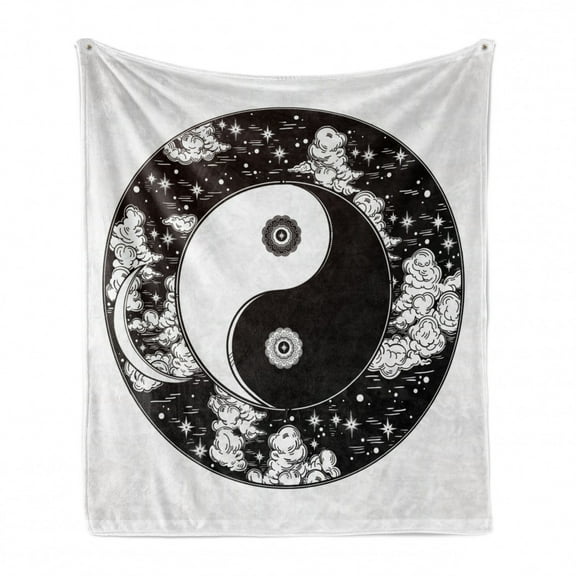 Ying Yang Soft Flannel Fleece Throw Blanket, Stars and Moon Design Starry Night Sky Peace Magic Boho, Cozy Plush for Indoor and Outdoor Use, 60" x 80", Black and White, by Ambesonne