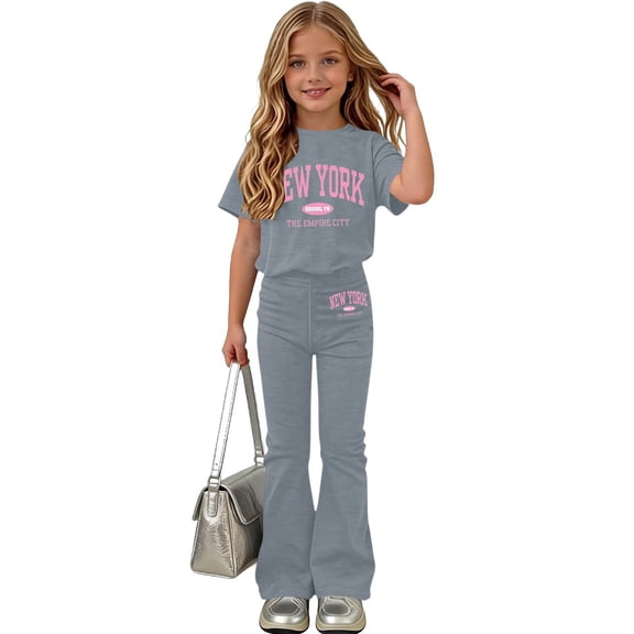 Amidoa Girls Summer 2 Piece Outfits Kids Print Short Sleeve and Pants Casual Clothing Sets Gray Size 9
