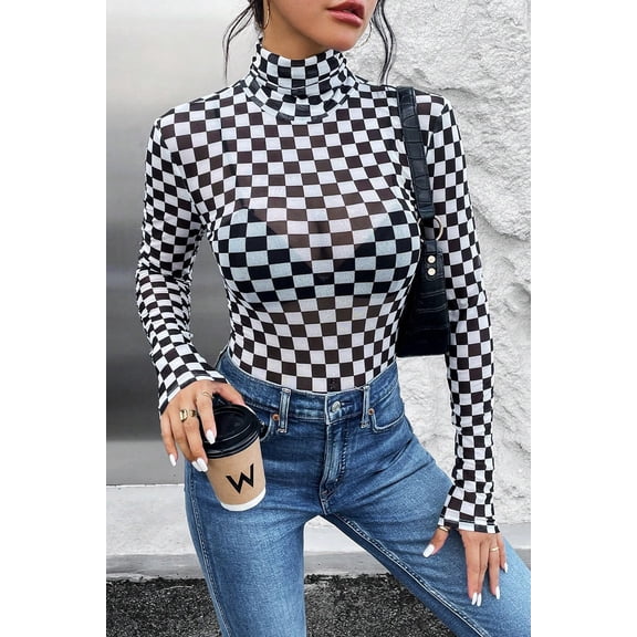 FASHION JUNKY Black Checkered Printed Long Sleeve High Neck Bodysuit (Black, S, 95%Polyester+5%Elastane)